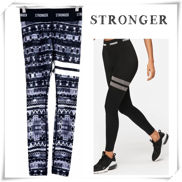 Stronger Safari Logo Aztec Print Leggings B & W - Picture 1 of 9